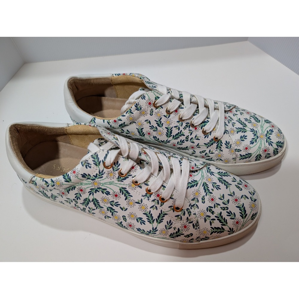 Jack Rogers Womens 10M White Floral Leather Lace Up Sneakers Daisy Print Shoes